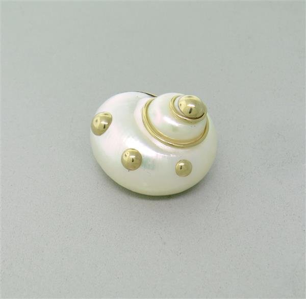 MAZ 14K Yellow Gold Shell Brooch Pin: Brooch features shell decorated with gold beads. Brooch measures approx. 35mm x 30mm and sits 25mm from body. Marked - MAZ 14K, Weight - 14.5g