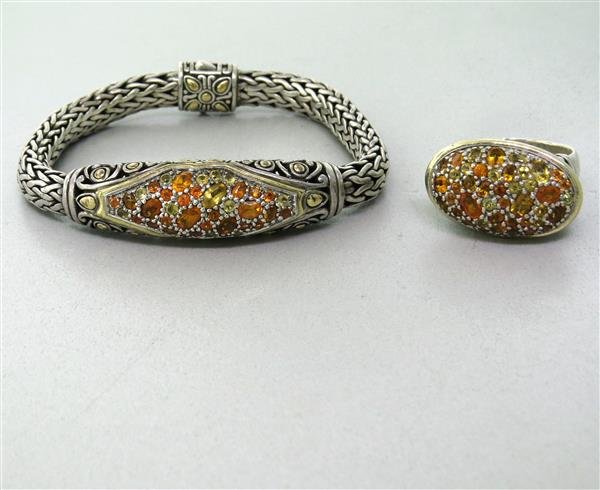 John Hardy Kali Sterling 14k Gold Gemstone Ring: Ring size 8, ring top 16mm x 26mm, Bracelet is 7 1/2" long and 13mm at widest point. Citrine and lemon citrines. Marked JH,925,14k. weight - 66.4g