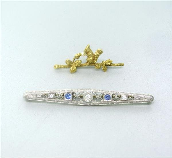 14K Gold Antique Pearl and Deco Diamond Sapphire: Antique Squirrel Brooch - measures 40mm x 15mm, Marked 14K, Weight - 4.1g. Art Deco Brooch - Diamonds, Sapphires. Measures 66mm x 8mm. Marked - 14K WAB, Weight- 6.3g