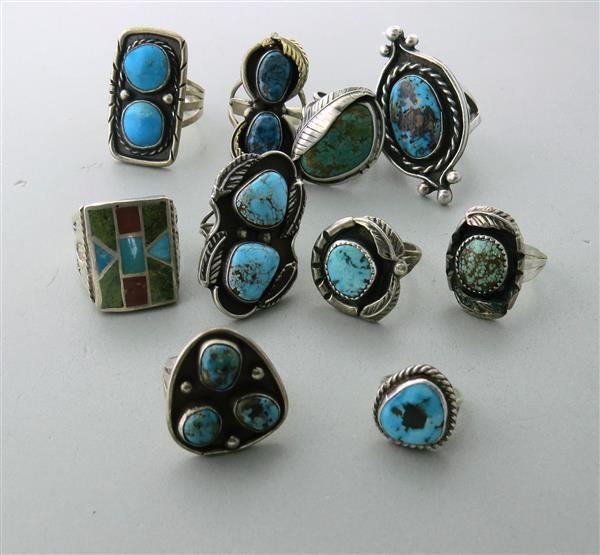 Native American Sterling Gemstone Ring Lot of 10: Ring sizes vary from 3 to 9 1/2. weight - 86.7g