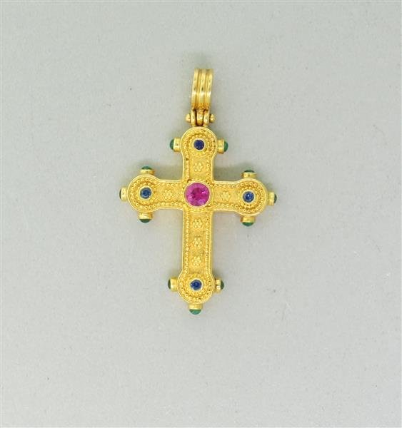 22K Gold Gemstone Cross Pendant: Pendant features sapphires, emeralds, ruby?. Measures 26mm wide x 42mm long (including bale). Marked - 22K, Makers Mark. Weight - 10.4g