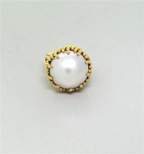 Tiffany & Co. 18K Gold Mabe Pearl Ring: Ring size 6.5, Ring top is 19mm in diameter. Pearl is approximately 16.5mm in diameter. Marked - Tiffany & Co., 18K, Weight - 13.5g