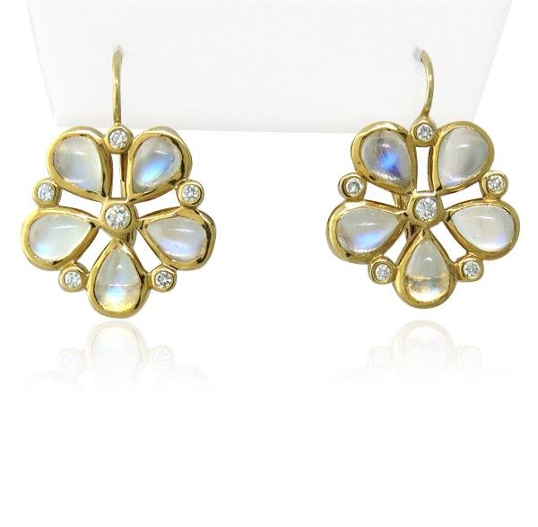 Temple St Clair 18k Gold Moonstone Diamond Earrings: Earrings are 26mm x 20mm. 12 diamonds, 10 teardrop moonstones. Marked 750,Temple hallmark. weight 9.7g