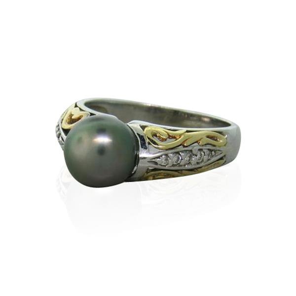 14K Two Tone Gold Tahitian Pearl Diamond Ring: Pearl - approx. 9mm in diameter, Diamonds. Ring size 8 3/4, Marked - 14K, Weight - 6.1g