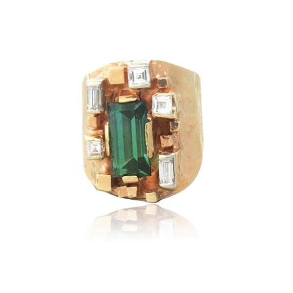 1970s 14K Gold Green Tourmaline Diamond Ring: approx. 0.50ctw Diamonds, Green Tourmaline - approx. 11mm x 6mm, Ring size 6 1/4, Ring is 21mm at widest point. Marked - 14K, Weight - 15.8g