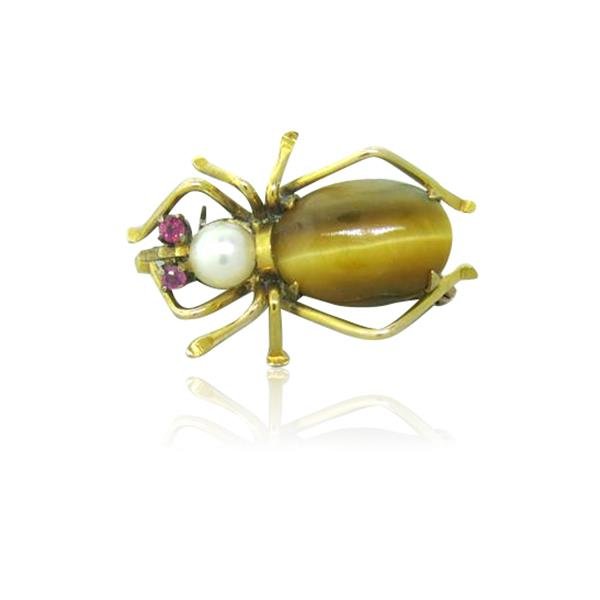 Antique 14k Gold Cat Eye Pearl Ruby Insect Pin: Brooch is 25mm x 14mm. Pearl,cat eye and ruby eyes gemstones. Marked 14k. weight 3.7g