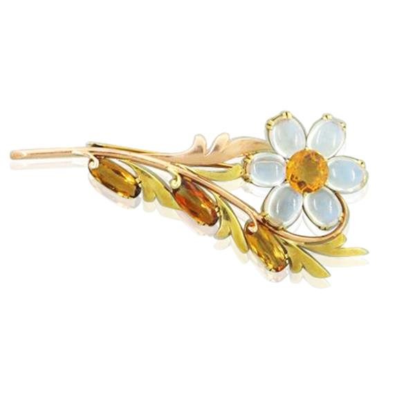 Retro 14k Two Tone Gold Moonstone Citrine Brooch: Brooch is 75mm x 35mm. 6 moonstone cabochons,4 citrines. Marked 14k. weight 13g
