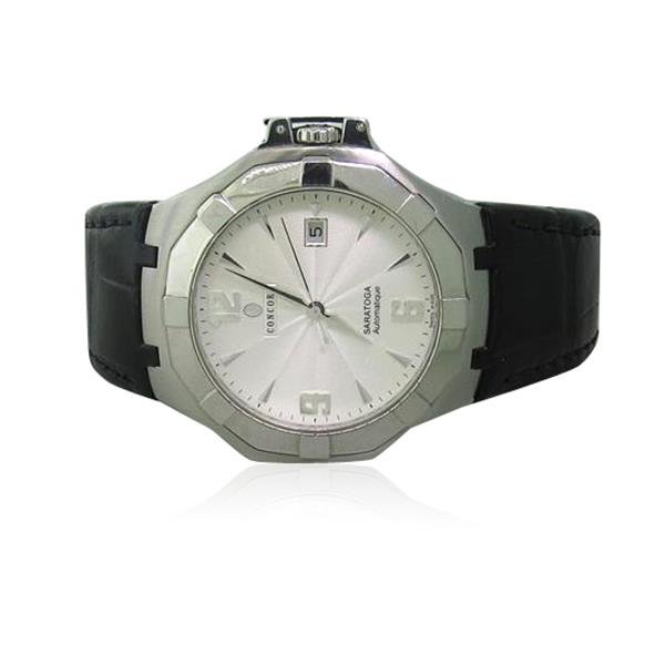 Concord Saratoga Steel Automatic Mens Watch: Case is 45mm incl. crown x 45mm lug tip to lug tip. Original deployant buckle. Skeleton back,automatic movement - running order. Date at 3 o'clock.