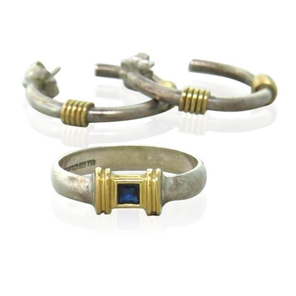 Tiffany & Co Sterling 18k Gold Sapphire Ring: Ring size 7, ring top is 6mm wide. 1 sapphire. Earrings are 24mm in diameter and 4.2mm wide. Marked Tiffany & Co,925,750. weight - 11g