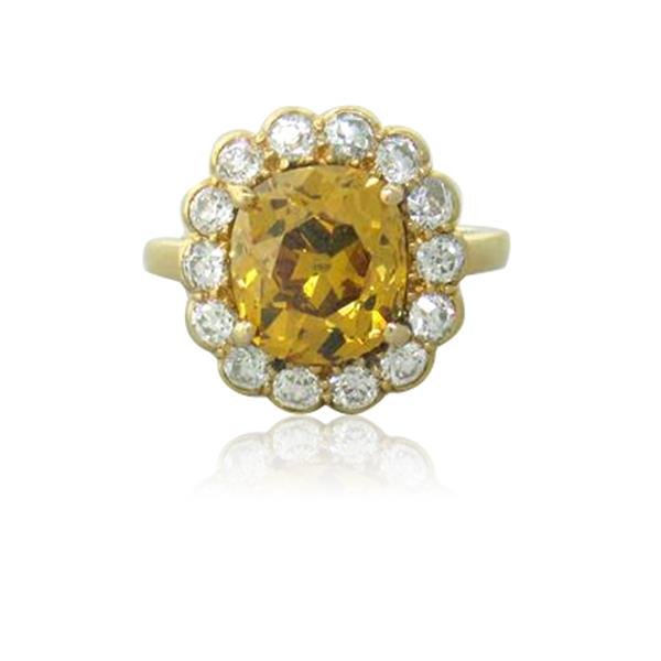 Antique 18k Gold Yellow Diamond Engagement Ring: Ring size 4 3/4, ring top is 14mm x 13mm. Center - deep color old mine cut yellow diamond 10.6mm X 9.2mm 6.05mm, side white diamonds,. weight - 5.1g