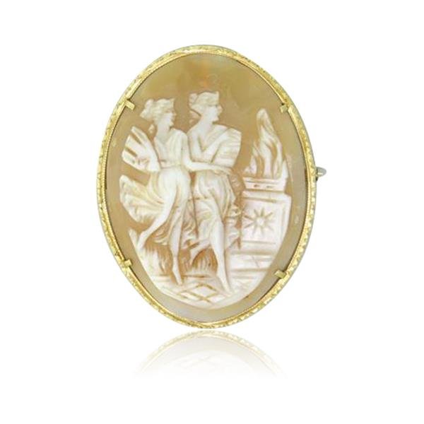 18k Gold Shell Cameo Pendant Pin: Brooch is 44mm x 34mm. Shell cameo. marked 18k. weight - 7.4g