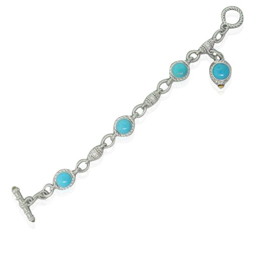 Judith Ripka Sterling Silver Turquoise CZ Toggle: Turquoise - approx. 9.5mm in diameter. Bracelet is 7 1/2" long and 13mm at widest points. Marked Judith Ripka Thailand. Weight - 35.1g