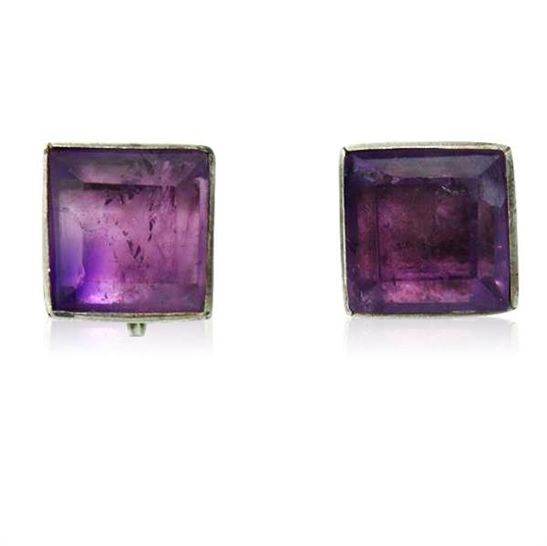 Mexican Sterling Amethyst Screwback Earrings: Earrings are 17mm x 17mm. Amethyst stones. Screw backs. Marked Mexico. weight - 15.7g