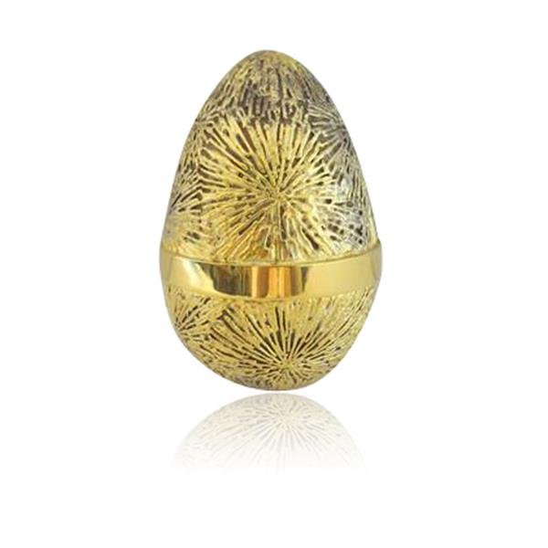 Cartier Stuart Devlin Koi Fish Sterling Silver Vermeil: Egg measures L 2 3/4" Sterling silver egg with gold vermeil, textured exterior. Koi Fish inside. Hallmarked #33 Made in England, English Assay Marks, SD. Covered leather box with red interior and