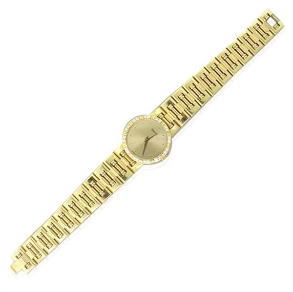 Piaget Dancer 18k Gold Diamond Watch: Case 23mm in diameter excl. crown, band 6 7/8" long. Diamond bezel. Case signed Piaget,quartz,80564 K 81,483574. weight 64.5g not running