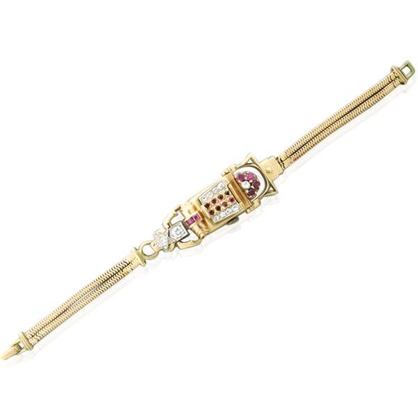 Retro Diamond Ruby Gold Watch Braceler: Bracelet is 7" long. Case is 14mm x 30mm. Diamonds approx. 0.65ctw, rubies. Movement signed by Pathe company. Not running - needs cleaning. gross weight 29.6g