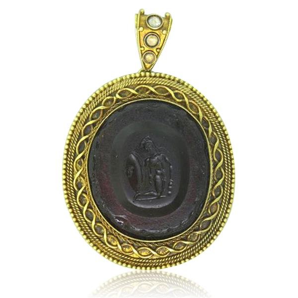 Castellani 15k Gold Antique Intaglio Diamond Pendant: Pendant with bale is 51mm long x 35mm wide. Intaglio is 27mm x 24mm. 3 rose cut diamonds. weight - 17.5g