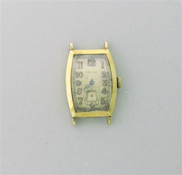 1920s Longines 14k Gold Tonneau Shape Watch: Case - 14k gold tonneau shape, 32mm excl. lugs x 24.5mm excl. crown. Movement - 15 jewels, 3 positions, signed #4646879.Manual wind - not running. Dial - minor rust on the dial, small second hand at 6