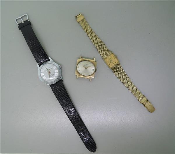 Wittnauer Herlin Girard Perregaux Watch Lot of 3: Girard Perregaux - steel back ,case 16.5mm x 16.5mm. Movement - quartz, not running. Crystal is scratched. Gold tone dial with applied gold markers. Bracelet has a damage - 6 3/4" long. Herlin -