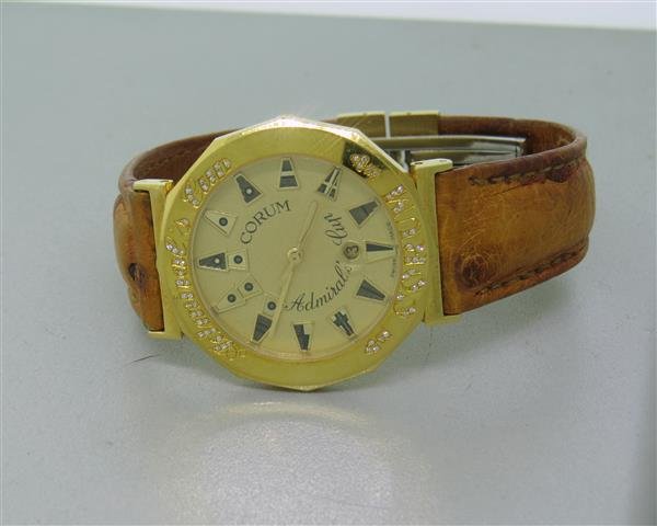 Corum Admirals Cup 18k Gold Diamond Watch: 35mm 18k Yellow Gold Case. Diamond Bezel. Functions: Hours, Minutes, Seconds, Date. Original Leather Strap. Quartz Movement. Working Order.