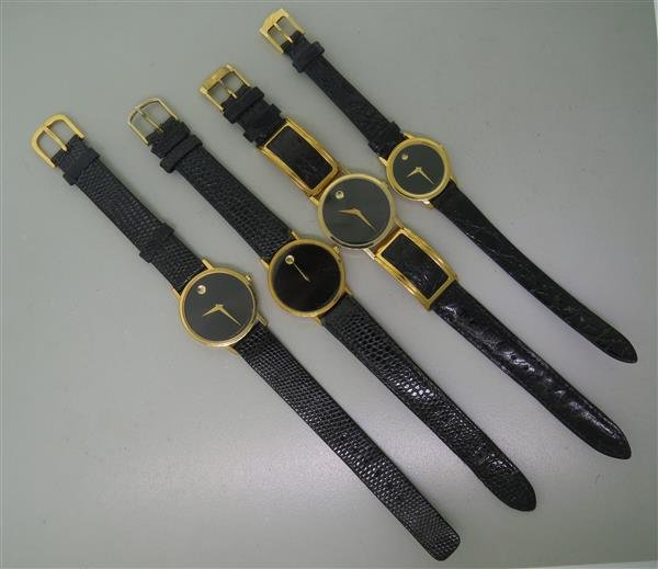 Movado Gold Tone Watches Lot 4: A Lot Of Three Mens and One Ladies Watches. Functions: Hours, Minutes. Quartz Movement. Three Watches Running (Two Mens and Ladies), One Is Not.