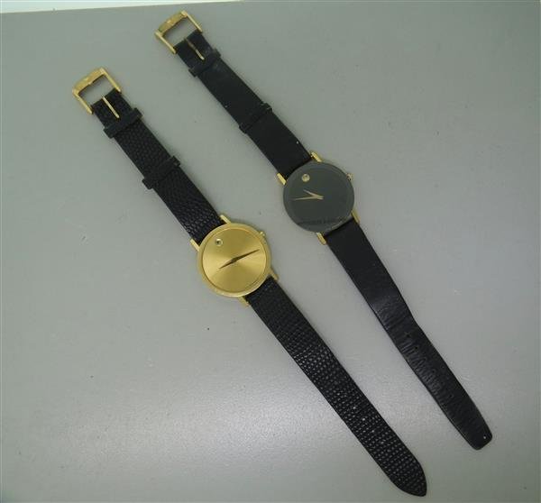 Movado Gold Tone Watch Lot Of Two: Lot Of Two Movado Watches. Quartz Movement. Not Running. Crown Detaches From One Watch.