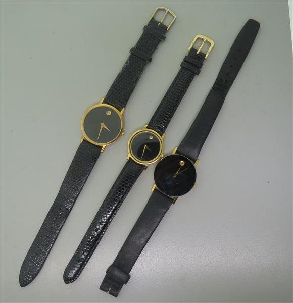 Movado Watch Lot of 3: Cases are 30mm , 31mm and 25mm in diameter. Quartz movements - all running.