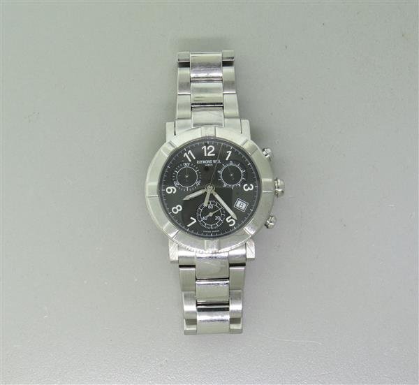 Raymond Weil Stainless Steel Chronograph Watch: Case - 38mm in diameter. Quartz movement - running order. Black dial with 3 reg. chronograph sub dials. center second hand,date at 4 o'clock. Original band and butterfly buckle.