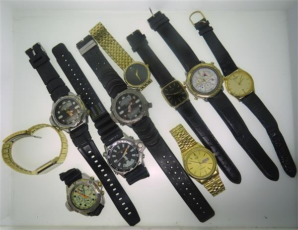Lot of 10 Citizen Watches: Lot of 10 Citizen watches. Functions - 23 digital window. 2 watches - 3 reg. chronographs, 1 watch - day & date. One watch is missing crystal. None checked for running order and functionality.