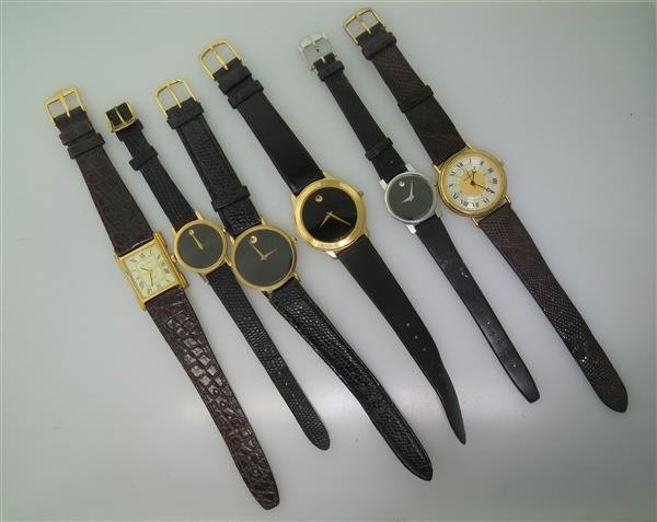 Movado Watch Lot of 7: 7 Movado watches - all quartz movement,not running. 2 missing backs,1 back is not set. 1 watch missing crystal.