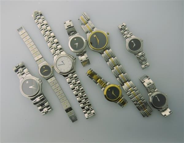 Movado Stainless Steel Watch Lot of 8: Lot of 8 Movado watches. Quartz movements - not running. Some scratches on crystals,broken bracelet.