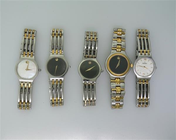 Movado Two Tone Watch Lot of 5: 5 Movado watches. Quartz movements - not running. Discoloration on dials,mother of pearl sis cracked,