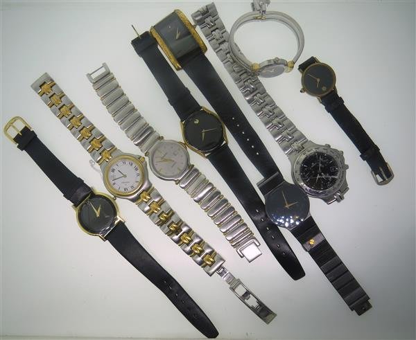 Movado Watch Lot of 9: Lot of 9 Movado watches. Quartz movements - not running. Broken crystals,shifted dial,missing some parts,discoloration on bezel/bands/dials,some bands are broken