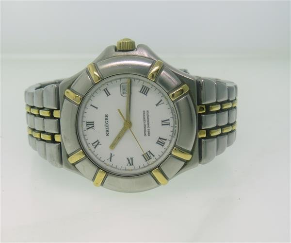 Krieger Chronometer Two Tone Watch: two tone case - 37mm in diameter excl crown and lugs. Quartz movement - running order. White dial with roman numeral markers,date at 3 o'clock - cannot set date,date numeral are scratched off. Scr