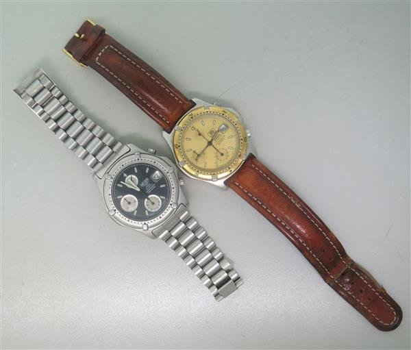 Tag Heuer 2000 Professional Chronograph Watch lot of 2: Lot of 2 Tag Heuer and Heuer watches, cases - 37mm in diameter. Quartz - not running. Functions - luminous markers/hands,date at 3 o'clock,rotating bezel,3 reg chronograph. Leather band needs repl