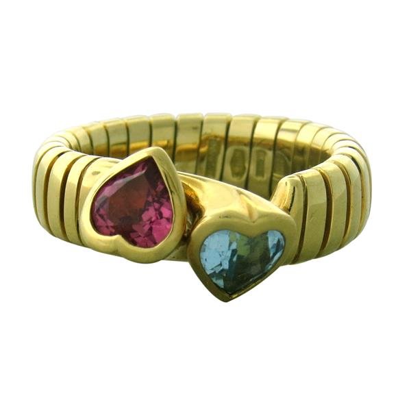 Bvlgari Bulgari Tubogas 18k Gold Gemstone Ring: Ring size 6, ring top is 7mm x 13mm. Blue and pink heart shape gemstones. Marked Bvlgari,750,made in Italy. weight - 10.2gr