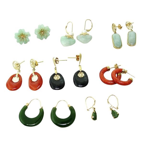 Lot of 8 14K Gold Multi Colored Jade Earrings: Black and Orange Jade Drop Earrings - both measure 35mm long x 12mm at widest point. Marked 14K, Weight- 3.4mm each pair. Green Jade Flower Earrings - measure approx. 15.5mm in diameter. Marked 14K Ch