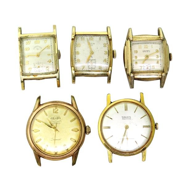 Lot of 5 Vintage Watches Elgin Accro Bond Enicar Gruen: Lot of 5 watches - 1 Accro Bond, 1 Enicar,1 Gruen, 2 Elgin. Base metal and gold filled cases. Manual wind movements - 1 Enicar running,rest 4 watches not running. Chips on crystals,specks on dials.