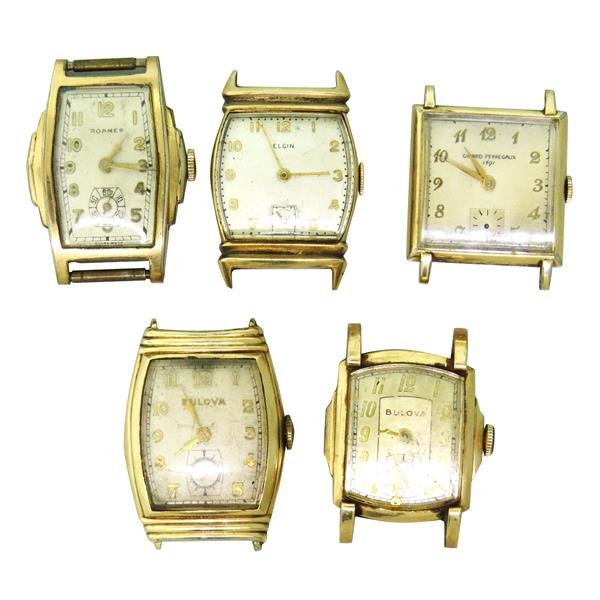Bulova Roamer Elgin Girard Perregaux Watch lot of 5: 2 Bulova - not running, Elgin - running, Roamer - not running,Girard Perregaux - running. Crystals scratched,some small second hand are missing on Girard, minute hand detached on 1 Bulova.