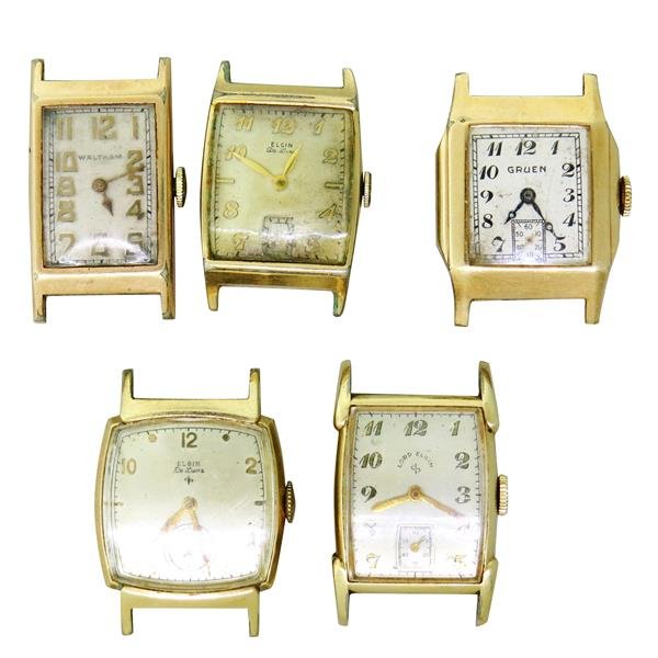 Elgin Waltham Gruen Watch Lot of 5: 3 Elgin watches - gold filled cases,manual wind movements. 1 running,2 not running. Waltham gold filled case,manual wind - running order, Gruen - base metal case, not running.