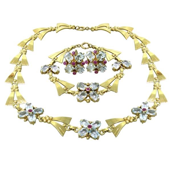 Retro WAB 14K Gold Aquamairine Ruby Earrings Bracelet: Wordley Allsopp & Bliss 18K Gold set. Aquamarines - range from 6mm x 7mm to 6.5mm x 8mm, Rubies approx. 2.5mm in diameter. Earrings measure approx. 19mm x 20mm, Bracelet is 7 1/4" Long, 19.5m