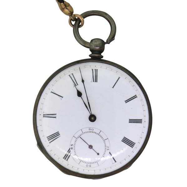 Antique Swiss Silver Pocket Watch: Silver case - 47mm in diameter and 12mm thick. Running order. Porcelain dial with some hairlines