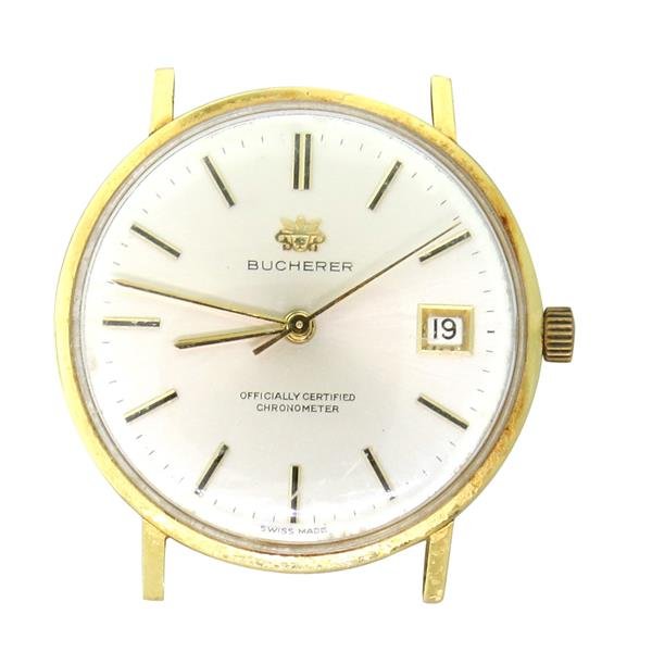 Bucherer 18k Gold Automatic Chronometer Watch: 18k gold case - 33mm in diameter. Automatic movement - running order. Gold/black stick markers,center second hand,date at 3 o'clock.