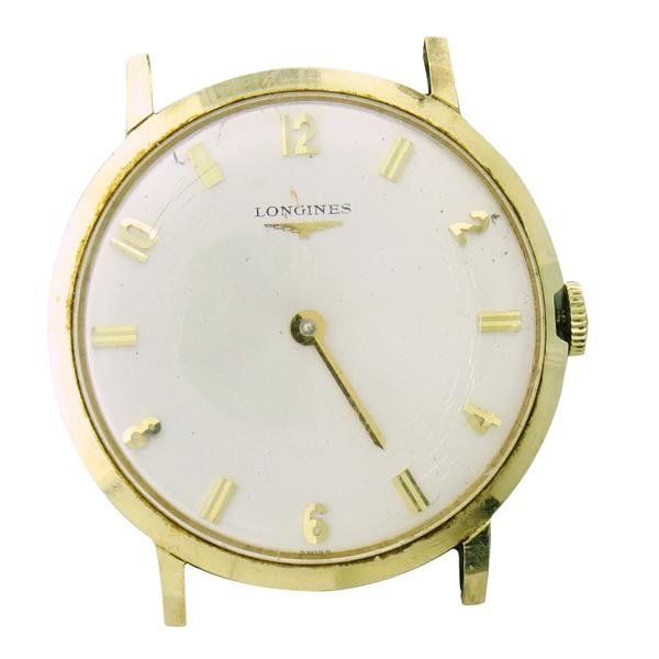 Longines 14k Gold Manual Wind Watch cal 528: 14k gold case - 33mm in diameter. Manual movement - running order,1 7 jewel movement, cal. 528. Scratches on dial,missing minute hand. Applied gold stick markers. Triple signed,original crown.