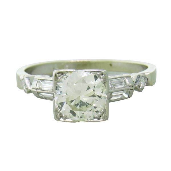 Art Deco 1920s 14k Gold Diamond Engagement Ring: Ring size 7, ring top is 7.3mm x 7.6mm. Center diamond - approx. 1.35ct SI/IJ, side baguette and round diamonds. Marked 14k. weight - 3.8gr