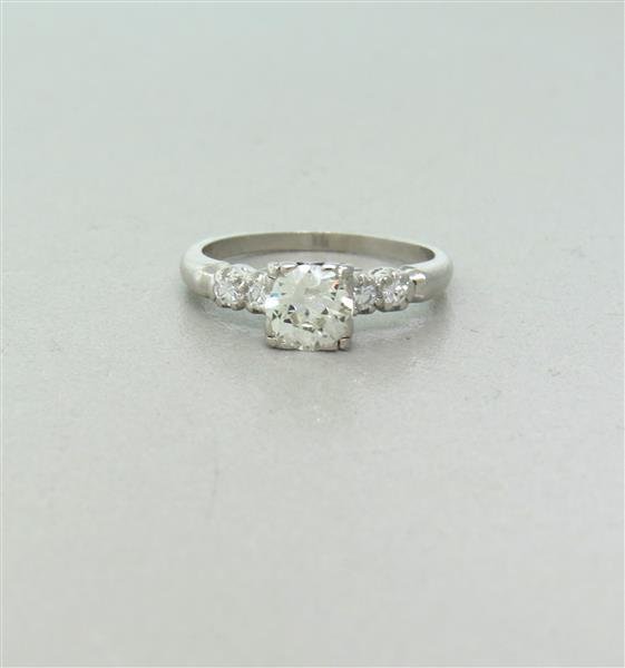 Deco Platinum Diamond Engamgement Ring: Ring size 6 1/2, ring top 6.1mm wide. Center old european cut diamond -approx 0.80ctw SI -H/I. Approx. total diamond weight- 0.90-0.94ctw Marked: 900 plat. irid. weight - 4.1grColor stones have not be