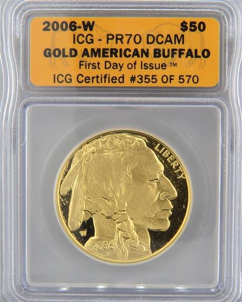 2006 W 50 GOLD AMERICAN BUFFALO ICG MS70 First Day: 2006 W $50 GOLD AMERICAN BUFFALO ICG MS70 First Day Of Issue #355 of570 CoinColor stones have not been tested for color and clarity enhancement,unless stated otherwise. Watches are guaranteed to be in