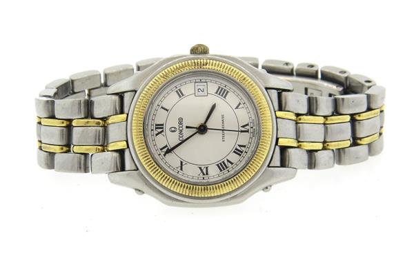 Concord Steeplechase Two Tone Gold Steel Watch: Case - 25mm excl crown x 31mm lug tip to lug tip. Gold hobnail bezel,date at 3 o'clock, whit dial with black roman numerals, center second and. Quartz movement - running order.
