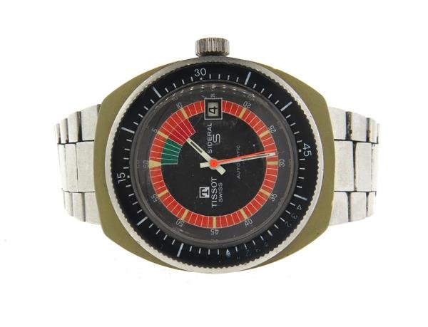 Tissot Fiberglass Sideral Automatic Watch: Case - 39mm excl crown x 43mm . Automatic movement - running order. Multi color dial with date at 3 o'clock. Unirotating bezel. Band not original.