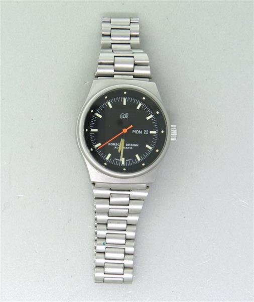 Porsche Design Automatic Day Date Ladies Watch: Stainless steel case 29mm in diameter. Automatic movement - running order, water resistant case. Black dial with luminous markers, day and date at 3 o'clock.